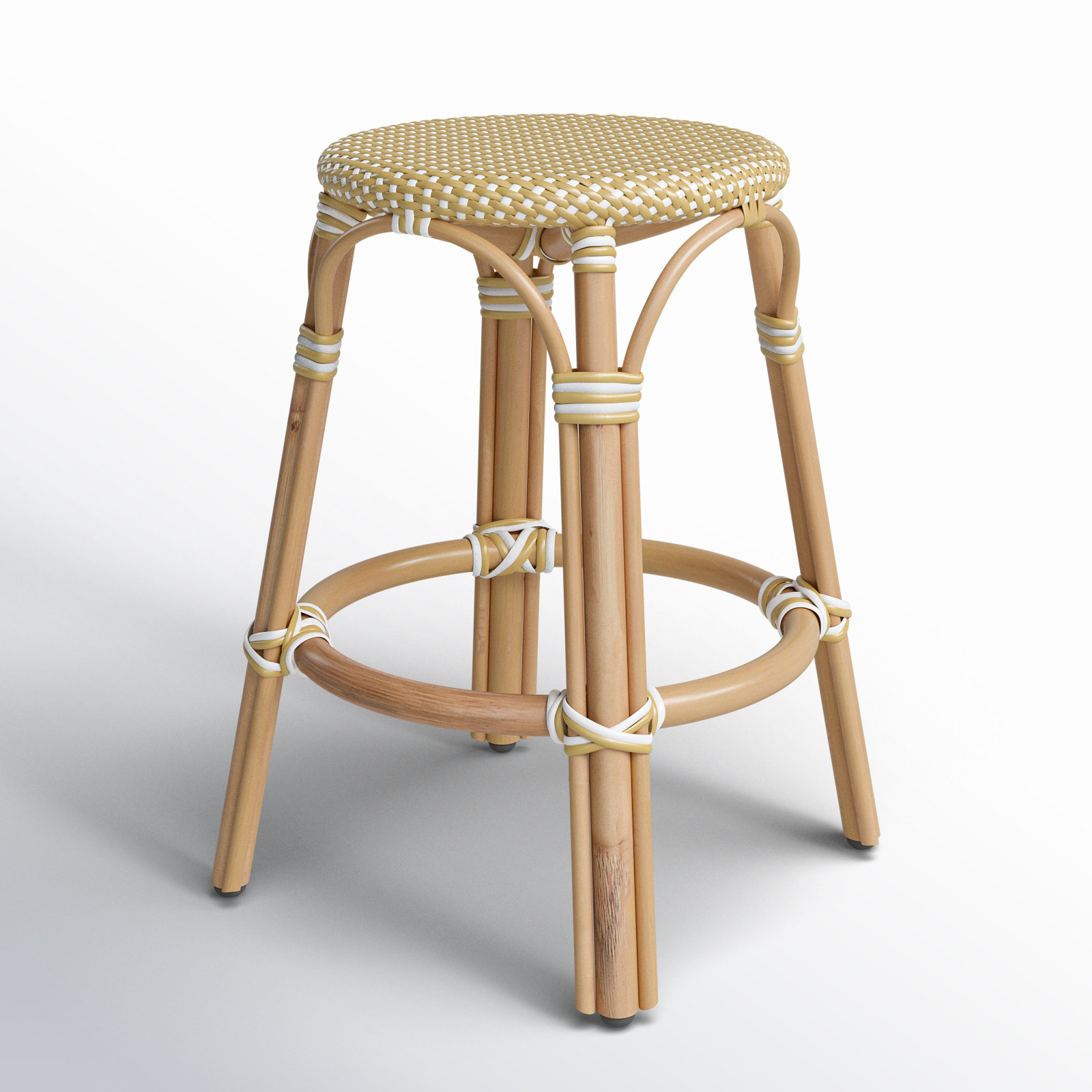 Alastair Bar & Counter Stool, Counter Stool (24" Seat Height), Yellow/White Dot/Natural Rattan Frame