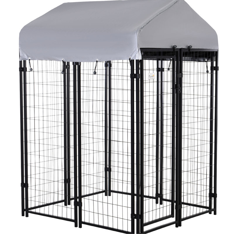 Grand parc extérieur pour chien, 48 po x 72 po, porte verrouillable, auvent aquatique, structure en acier pour chiens de taille moyenne, chenil gris de 4 pi 6 po avec petit et moyen