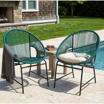 OUTDOOR PATIO WICKER CHAIR, TEAL PE RATTAN & IRON FRAME, SET OF 2