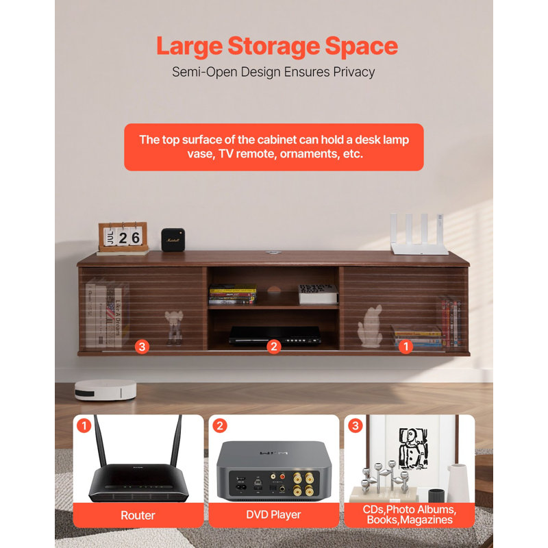 Meuble télé flottant, meuble télé mural de 60 po avec tablette réglable et portes coulissantes, tablette télé flottante à 2 niveaux avec armoire de rangement pour lecteur DVD, boîte de câble, console de jeu, noyer
