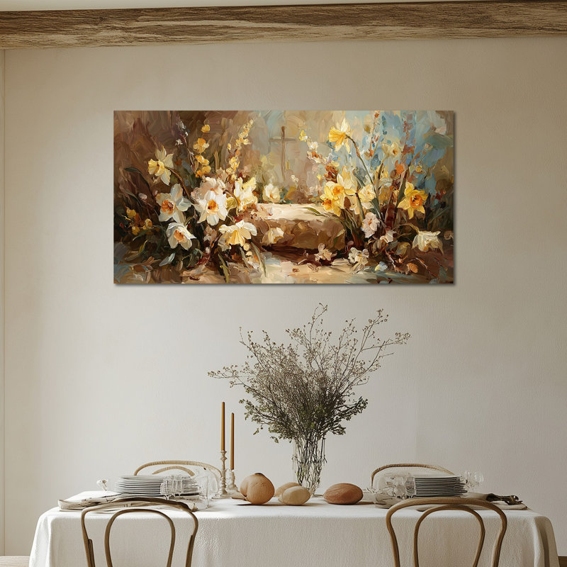 Art mural sur toile de Pâques Timuba - fleurs de Pâques, décoration murale, œuvre d'art chrétienne avec tombeau vide pour la décoration intérieure, cadre tendu avec châssis, 12 po x 24 po