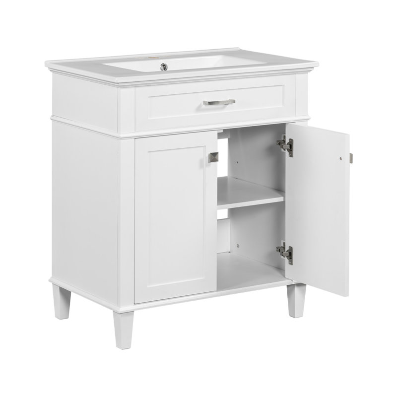 30-Inch White MDF Freestanding Bathroom Vanity with Ceramic Basin