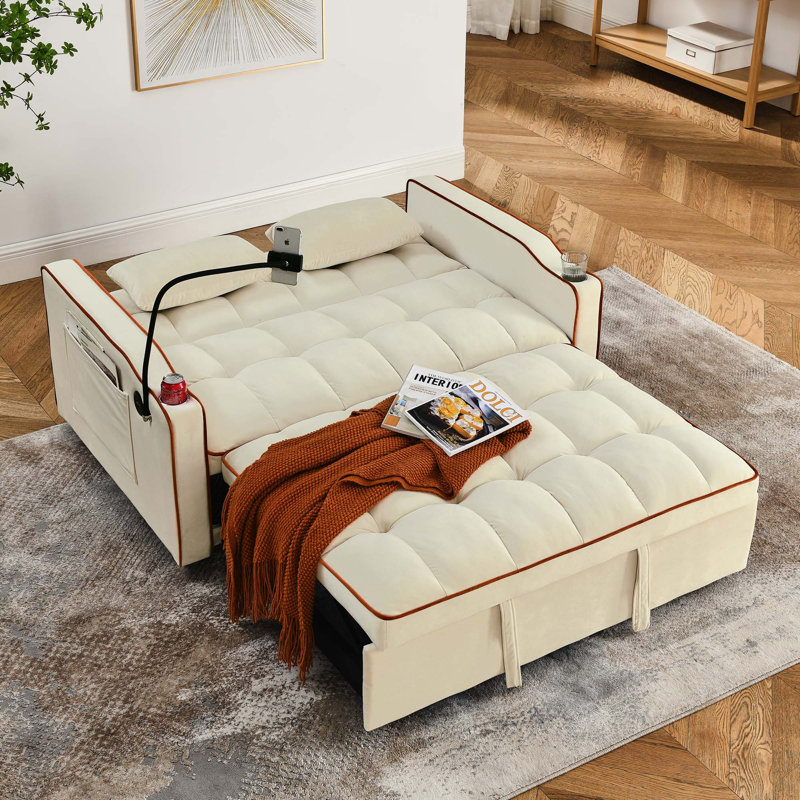 Canapé-lit pliable polyvalent en 3 longueurs avec dossier réglable et port USB, Velours beige