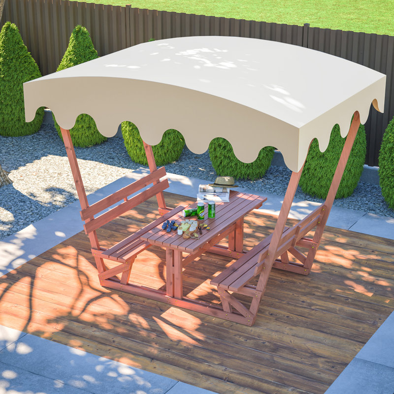 Ensemble de table de pique-nique et de banc d'extérieur en bois massif imperméable avec auvent amovible - Convient aux patios, aux jardins, aux terrasses, aux parcs et aux plages