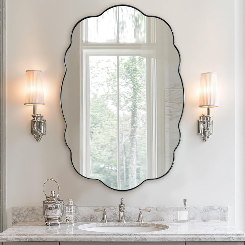 Miroir de salle de bain contemporain ondulé ovale festonné | Cadre en acier inoxydable, 30 po x 22 po, Nickel brossé