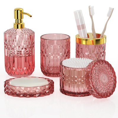 Ensemble d'accessoires de salle de bain en verre rose 5 pièces