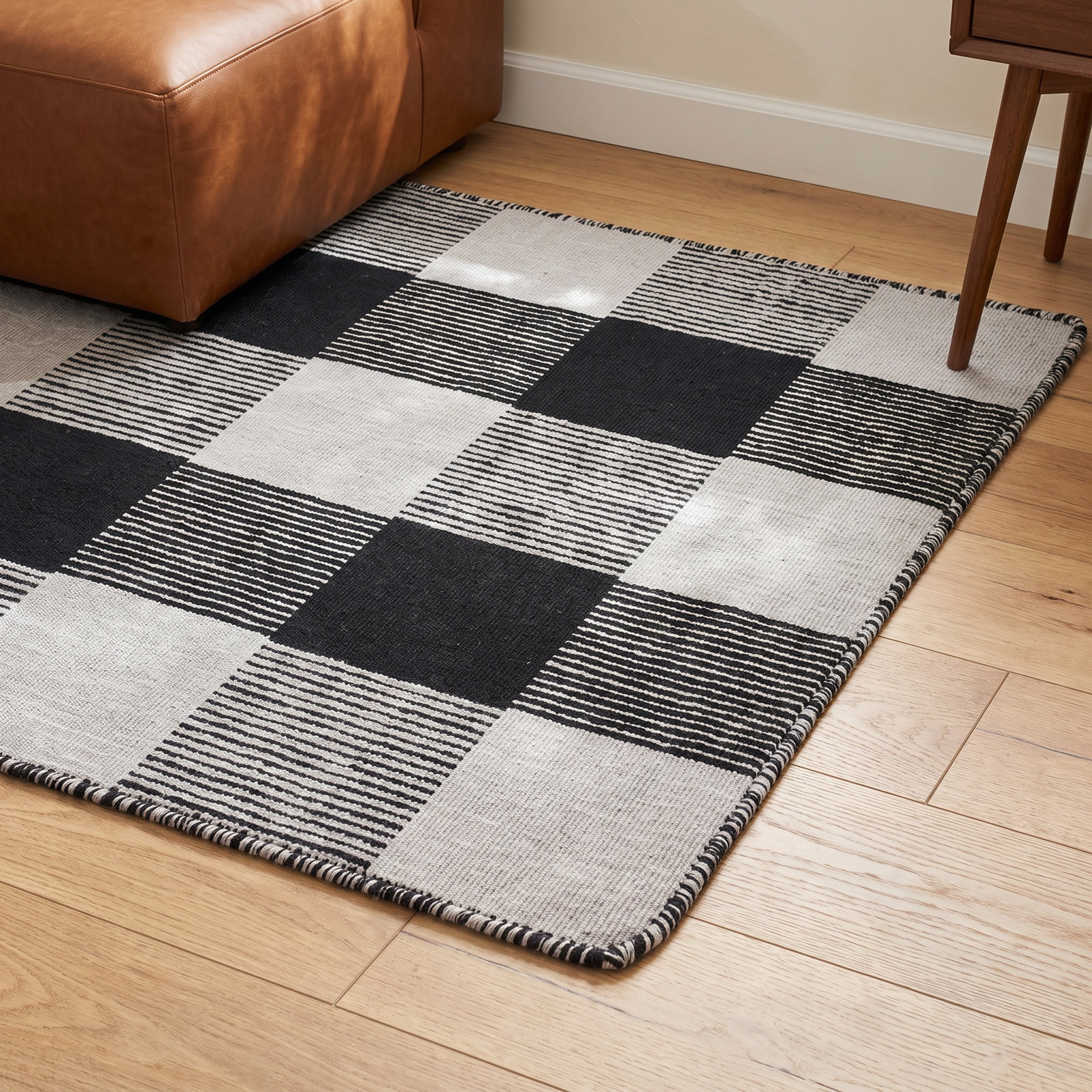 Simple Gingham Shag Wool Rug, Rectangle 2' x 3', Light Gray/Black