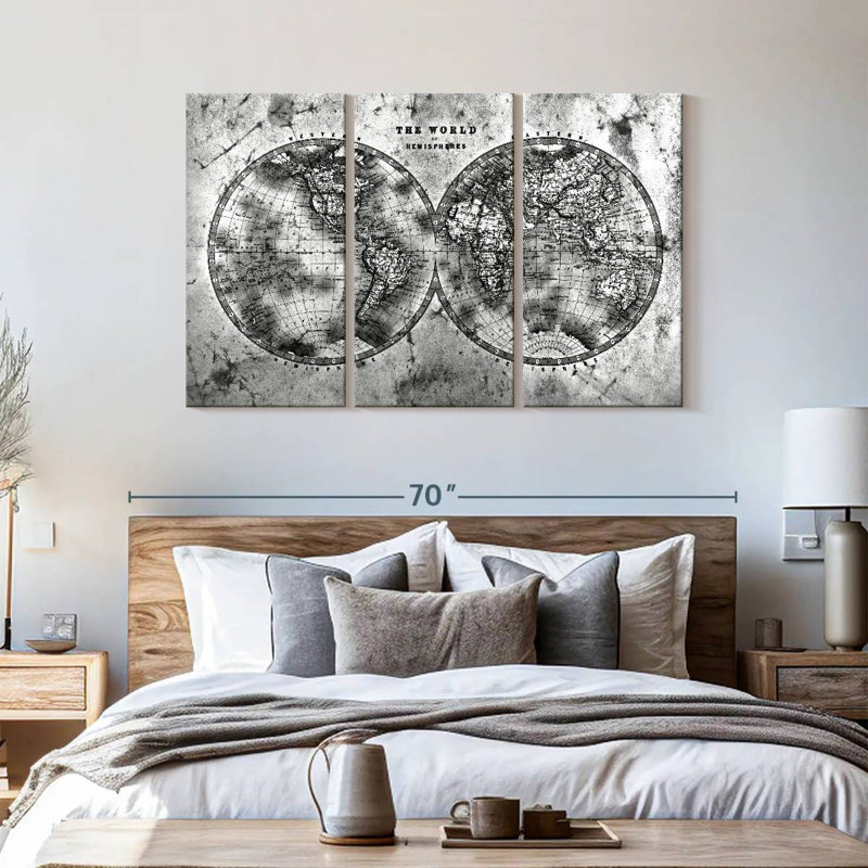 World Map " Hemispheres Contrast World Map " by Tess P 3 - Pieces, 57" H x 36" W x 1.25" D