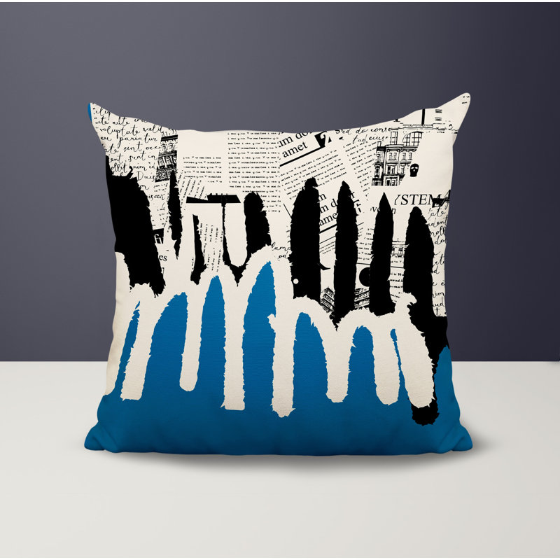 Oreiller carré réversible intérieur / extérieur Kisha, Turquoise / noir / blanc cassé abstrait, H 17 po x l 17 po