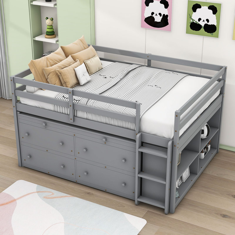 Jahdir 4 Drawers Wood Loft Bed with Retractable Writing Desk, Gray, Full