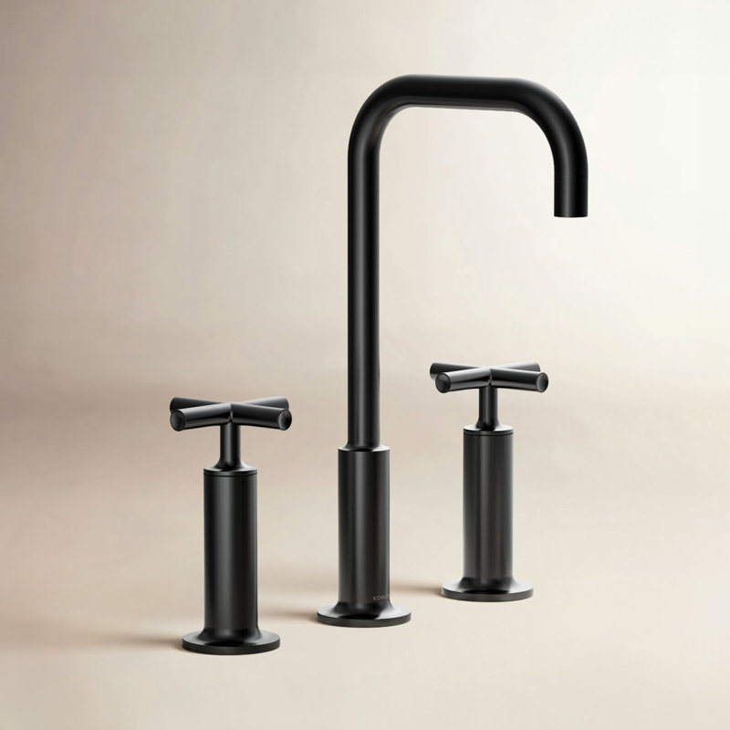 Purist Widespread Bathroom Sink Faucet with High Cross Handles and High Gooseneck Spout, Matte Black