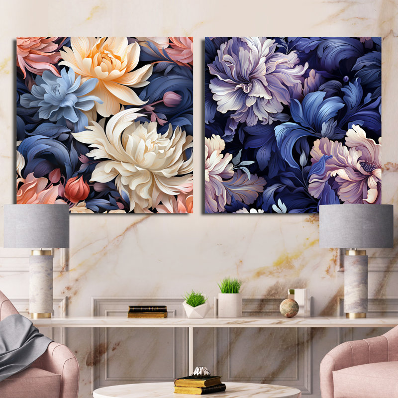 Cutrer - Ensemble de 2 collages carrés floraux, H 16 po x l 33 po, Toile tendue