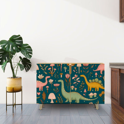 Sideboard Buffet Cabinet with Storage Hand drawn seamless dinosaurs tropical leaves flowers for kids fabric with 2 Doors for Living Room and Kitchen