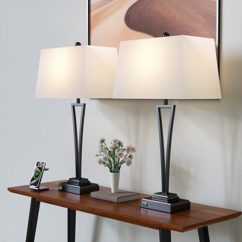 Burholme 30.5" Modern Industrial Metal Table Lamp with USB+Type-C Charging for Bedroom and Living Room, Black