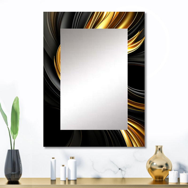 Abstrait abstrait liquide or et noir - miroir spirales abstraites, miroir mural décoratif doré, art imprimé en métal