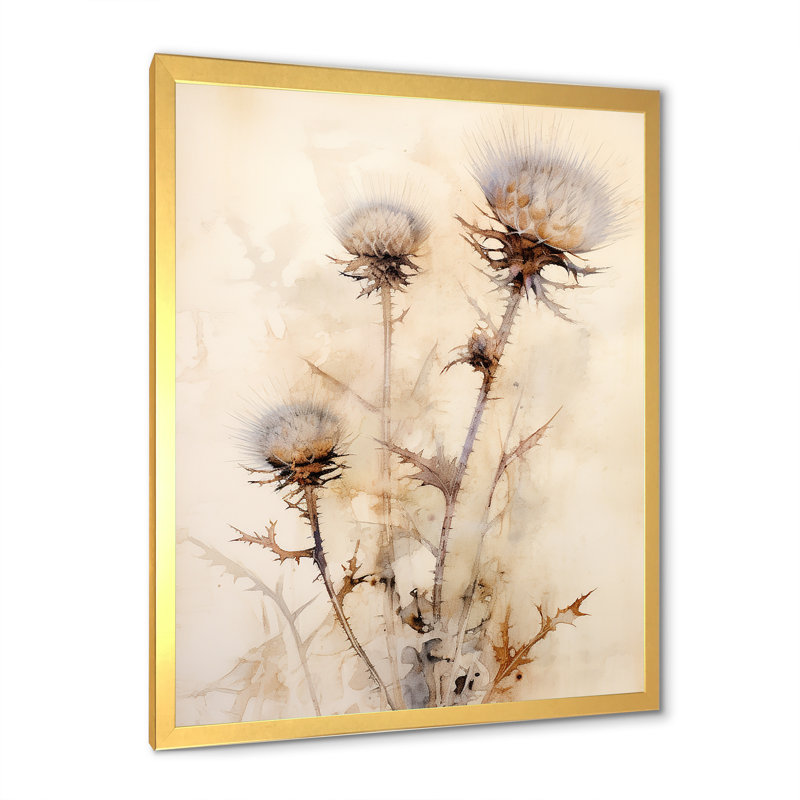 Fleur de chardon beige en sourdine - impressions sur toile chardon, H 20 po x l 12 po, Cadre naturel flottant
