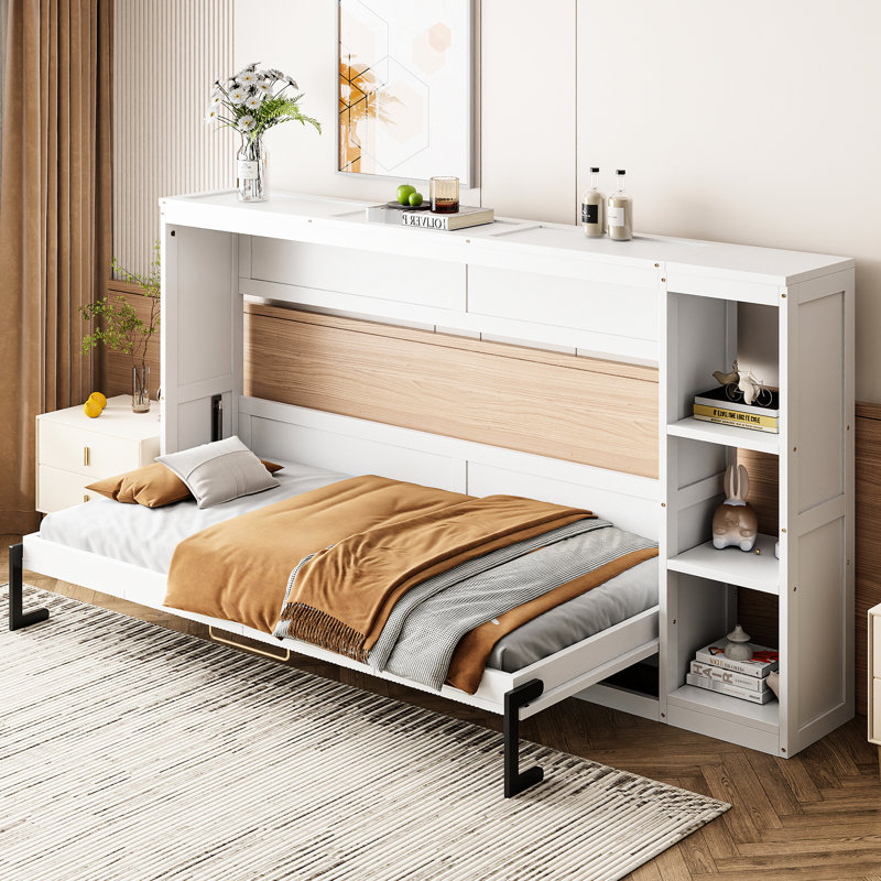 Lit simple avec bibliothèque en blanc - Armoire de rangement robuste et compacte, Lit simple