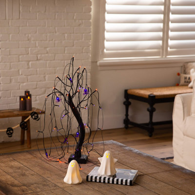 2Ft. Pre-Lit Halloween Artificial Black Spooky Spider Willow Tree With 60 Orange & Purple LED Lights