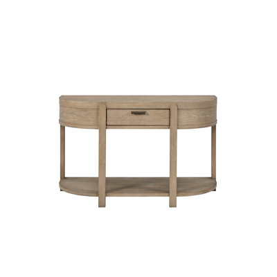 Console courbée au fini caramel avec un tiroir, un bord avant arrondi gracieux et des côtés fuselés, un tiroir à fermeture en douceur pour le courrier, une tablette ouverte présentant des livres, une table haute de 30,61 couloirs aux tons 1