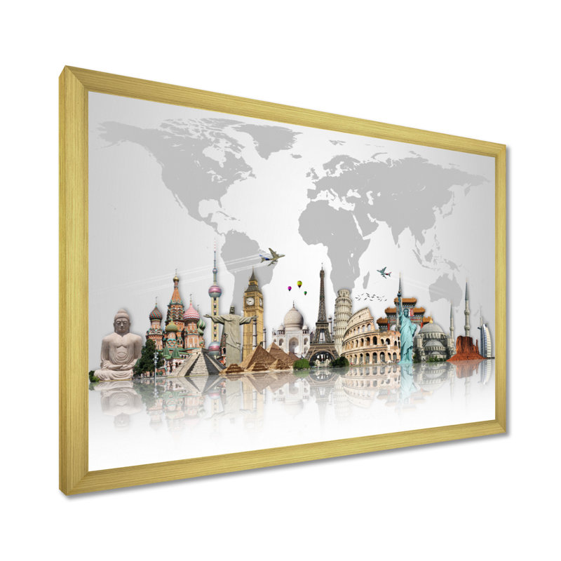 « Famous Monuments Across World », reproduction d'art graphique, H 30 po x l 40 po, Impression encadrée, Or