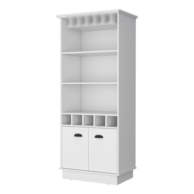 Bar blanc avec grand espace intérieur - 3 tablettes, 5 bouteilles, support à verres inclus