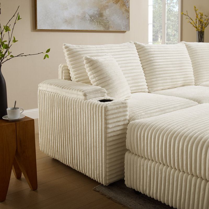 Convertible Sectional Sofa With Hidden Storage Armrests, A Movable Ottoman, 2 USB Ports, 2 Cup Holders, A Phone Holder