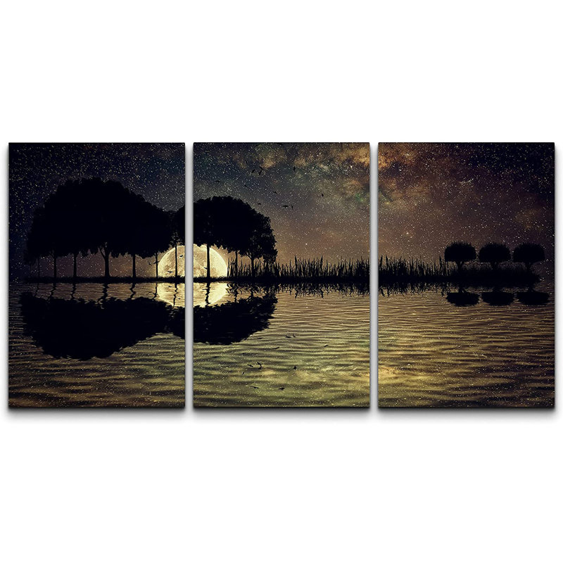 Full Moon Guitar Trees Night Sky Canvas Art Set