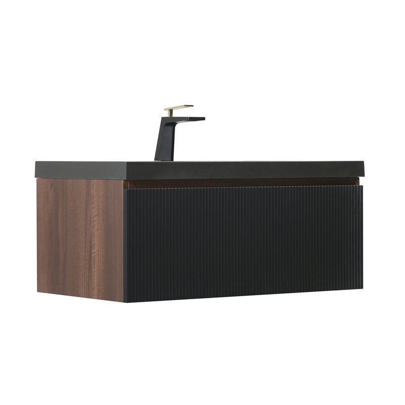 Meuble-lavabo mural moderne 36 po en noyer fumé avec plateau en quartz noir, 36"