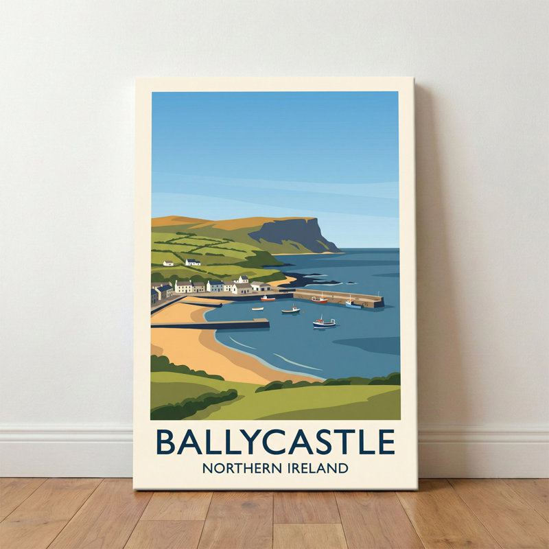 Ballycastle, Northern Ireland - Romantic Causeway Coast Travel Poster. Giclee Print On Wrapped Canvas. Wall Art, Home Decor - Cities & Towns, Northern Ireland - Wrapped Canvas Print