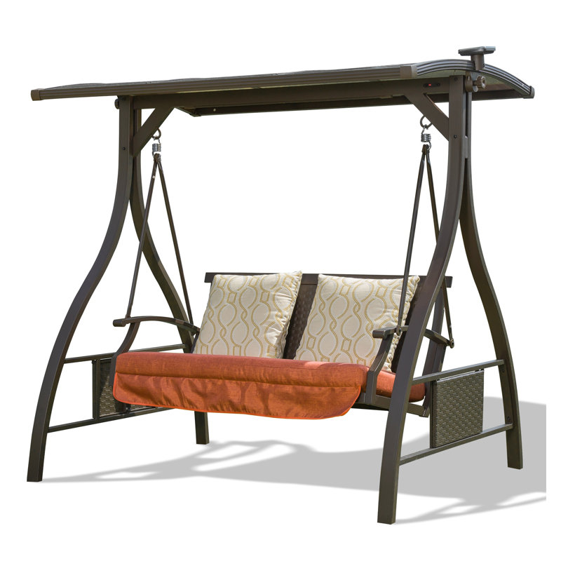 Balancelle de patio de luxe pour 2 personnes avec auvent réglable, lumière DEL solaire et coussins Sunbrella