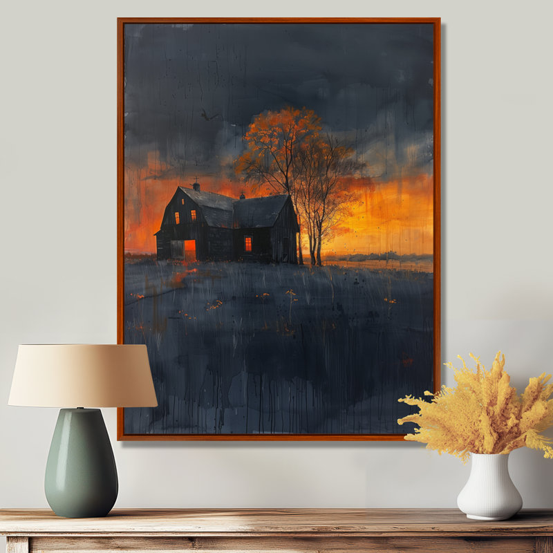 «Yellow Blue Autumn Autumn Serenity Sunset Barn», reproduction d'art murale grange, Toile avec cadre flottant brun