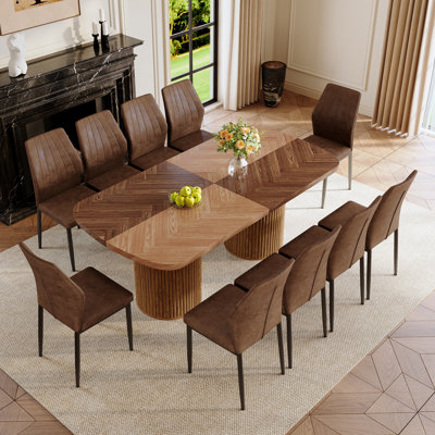 Welles Modern Dining Table Set For 10 – 79" Color-Blocking Dining Table With Dual Pedestal Base & Hidden Storage, Suede Upholstered Chairs, Large Kitchen & Dining Room Set