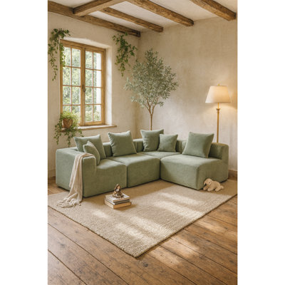 Modular Sectional For Living Room, Full-Foam Build, Textured Light Green Upholstery, Compact Compressed Package, Simple Assembly, Overall 111"X74"X24", 37" Module Size-Light Green