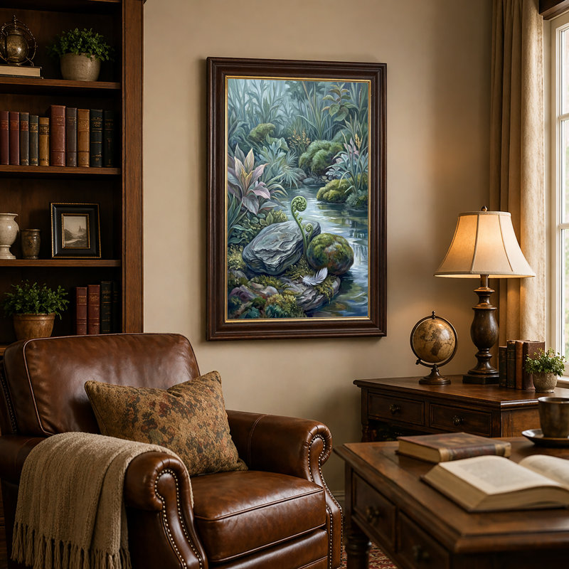 Art mural sur toile Curling Green Fern And Mossy Rocks By Stream, 24"H x 16"W