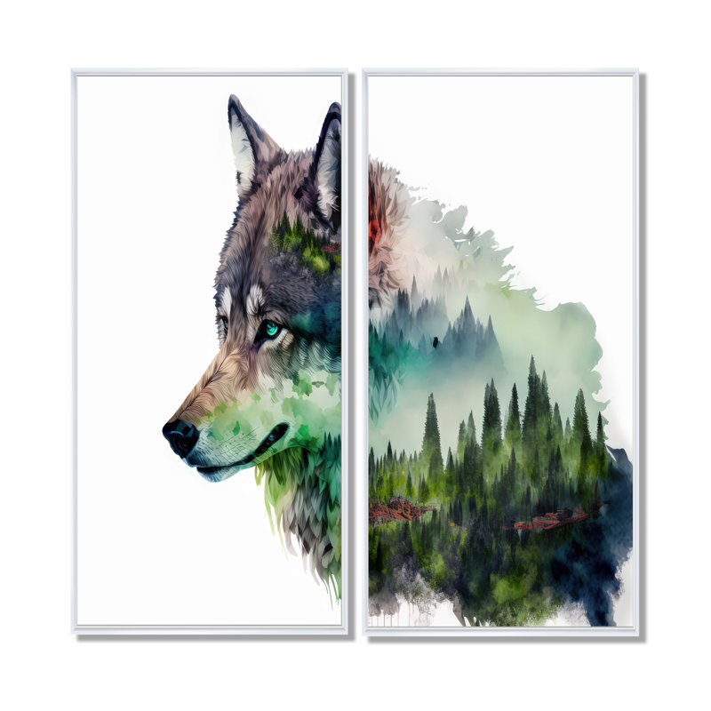 Double exposition d'un loup avec un paysage de forêt - grand loup, décoration murale 2 pièces, 32" H x 32" W, White