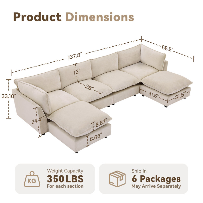 Canapé modulaire surdimensionné Heffernan, Chenille beige, H 33,10 po x l 138,29 x P 68,9 po