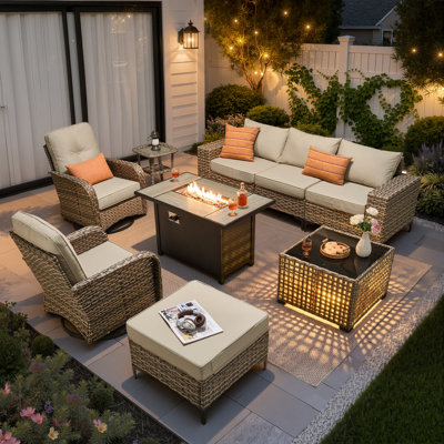 Ensemble de meubles de patio 9 pièces avec table de foyer, chaises berçantes pivotantes en osier d'extérieur avec coussins confortables, ensemble de canapé à dossier haut toutes saisons pour la cour ou la pelouse