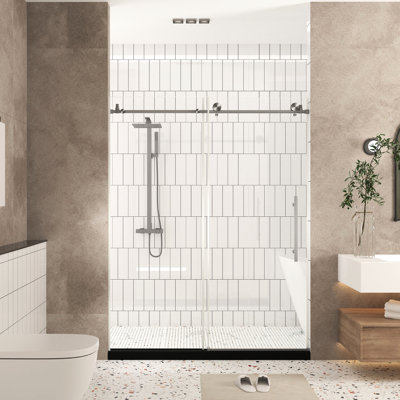 56 - 60" W X 76" H Shower Door 1/4" 6 Mm Clear Tempered Glass With Proof Film Stainless Steel Handle In Brushed Nickel For Bathroom Large Wheels And Round Tracks Stable Quiet Operation Water