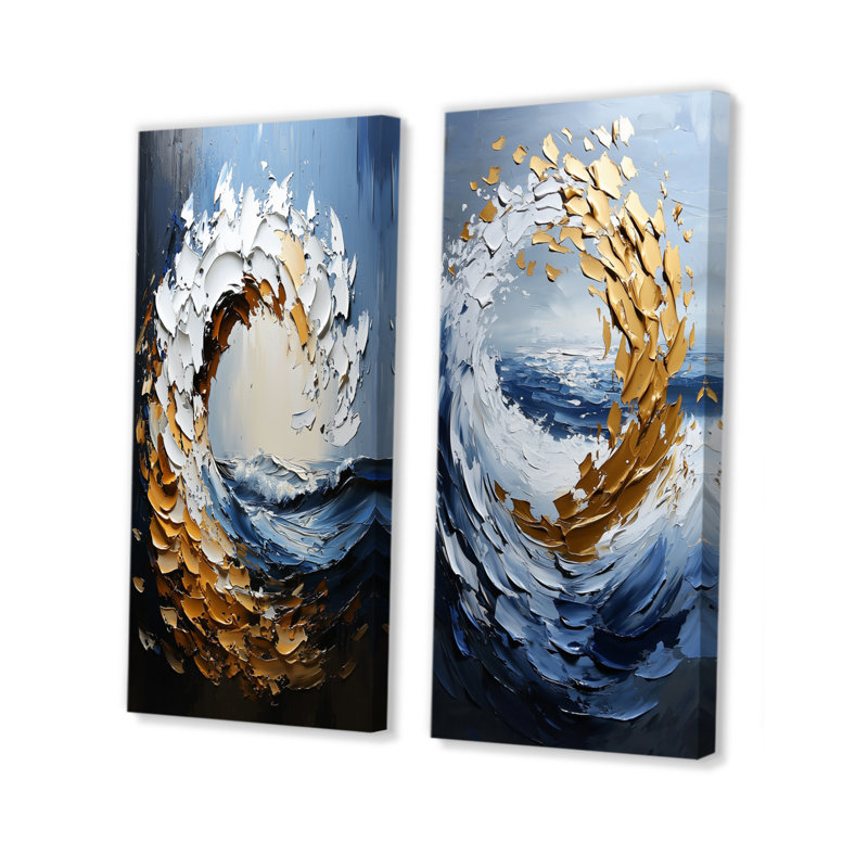 «Gold and Blue Turbulent Waters Spiral I - Abstract Spirals», ensemble de 2 pièces d'art mural, Toile tendue
