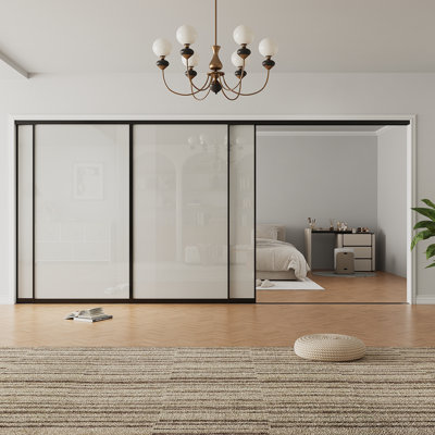 80"H 144"W Room Divider​ Black Aluminum Frame 1-Lite Frosted Glass Sliding Door With Hardware Kit Closet Room