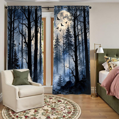 2PCS Grommet Top Blackout Window Curtains, Dark Silhouette Tree Bird Moon Night Forest Printed Polyester Drapes, Thermal Insulated, Noise Reducing, Privacy Protection, Room Darkening Window Coverings for Bedroom Living Indoor Home Decor
