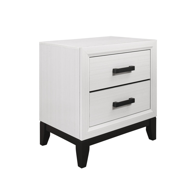 Table de chevet blanche 2 - Mirage, glissière centrale, quincaillerie noire, 2 tiroirs en bois d'hévéa, bois, poli de finition