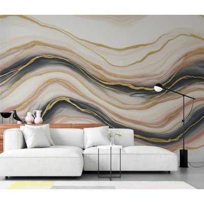 Luxury Marble Fluid Art Wallpaper Mural | Peel and Stick Removable Wallpaper | Gold Ivory Blush Abstract Wall Mural | Living Room Wallpaper