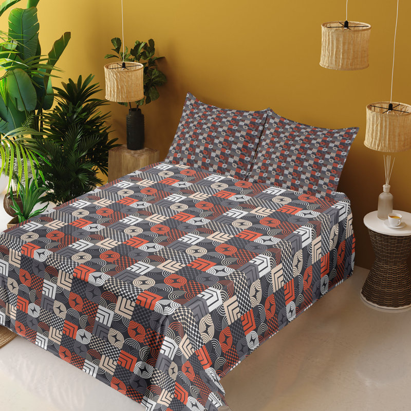 Ambesonne 90's Sheet Set Circles in Square Form Plot Dark Purple Grey and Blush, Full Sheet Set with 2 Pillowcases