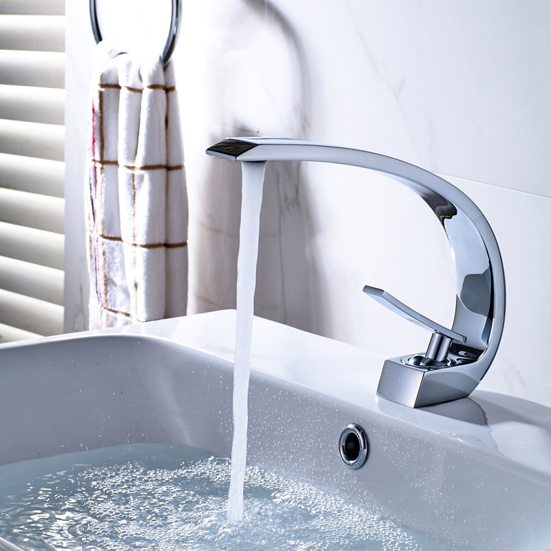 Bathroom Sink Faucet - Geometric Single Handle Deck-Mounted Hole Modern Waterfall Basin For, Silver