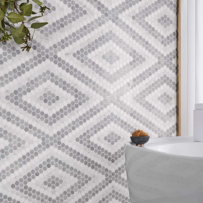 Juno 1" Diamond Hexagon Polished Marble Mosaic, Gray/White