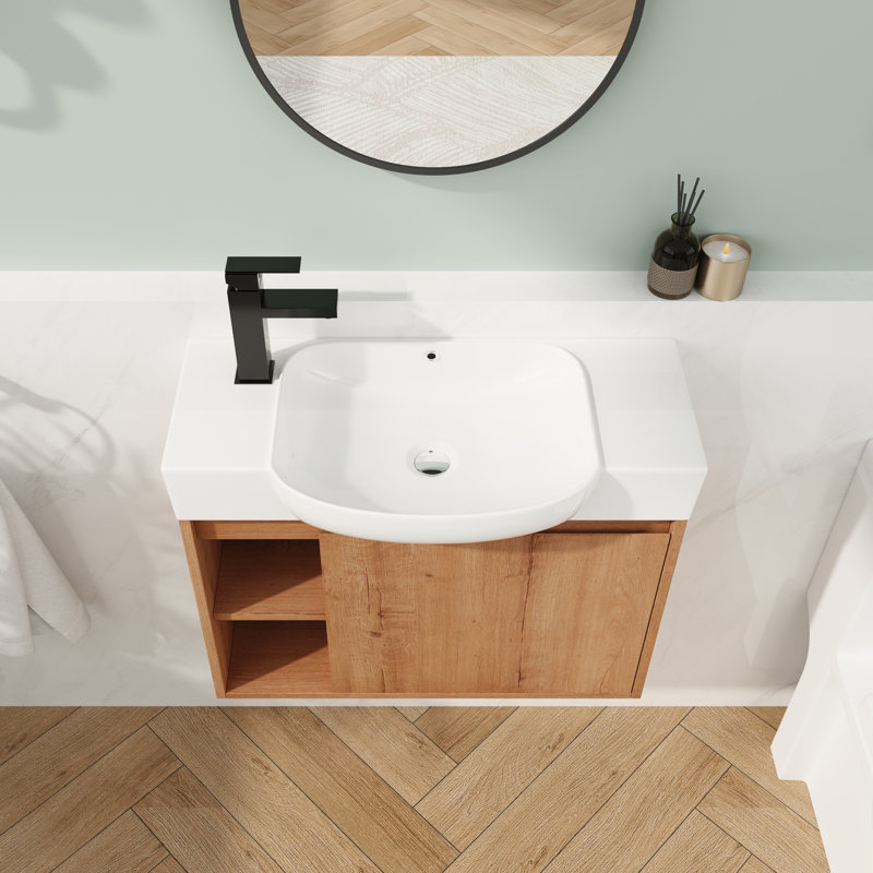 Meuble-lavabo flottant 26 po - Céramique blanche avec porte à fermeture douce, Chêne