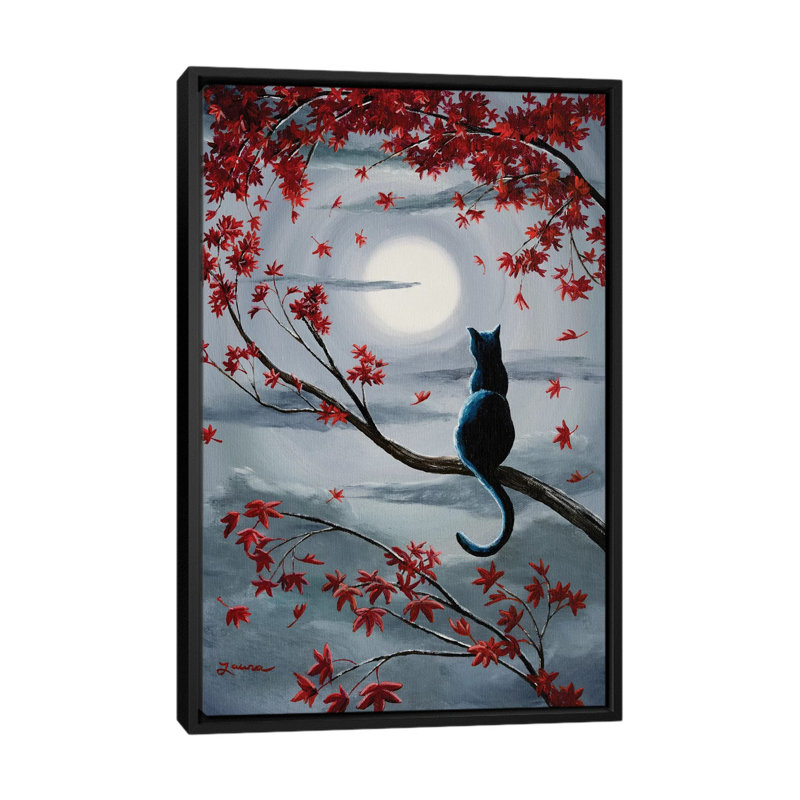 Chat noir au clair de lune argenté - impression sur toile tendue, H 26 po x l 18 po x 1,5 po, Toile avec cadre noir