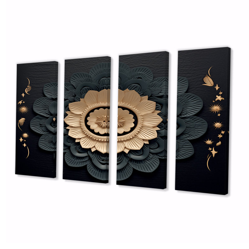 Or et fleur de lotus noir - art mural botanique pour le salon, 4 pièces, H 32 po x l 64 po