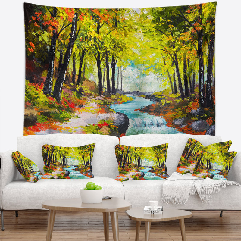 Paysage, rivière, vert, automne, tapisserie, forêt, H 50 po x l 60 po